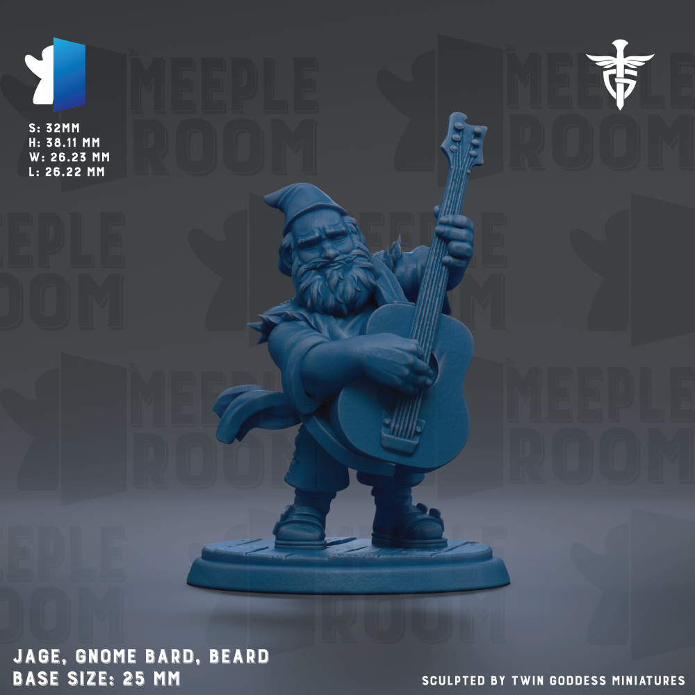 A blue figurine of a gnome playing a guitar, with the text "MEIPLE ROOM" and "JAGE, GNAE BARD, BEARD" printed on it.