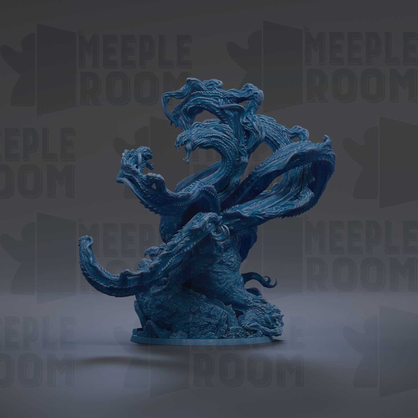 A large, intricate blue dragon sculpture with flowing, twisting forms against a dark background.