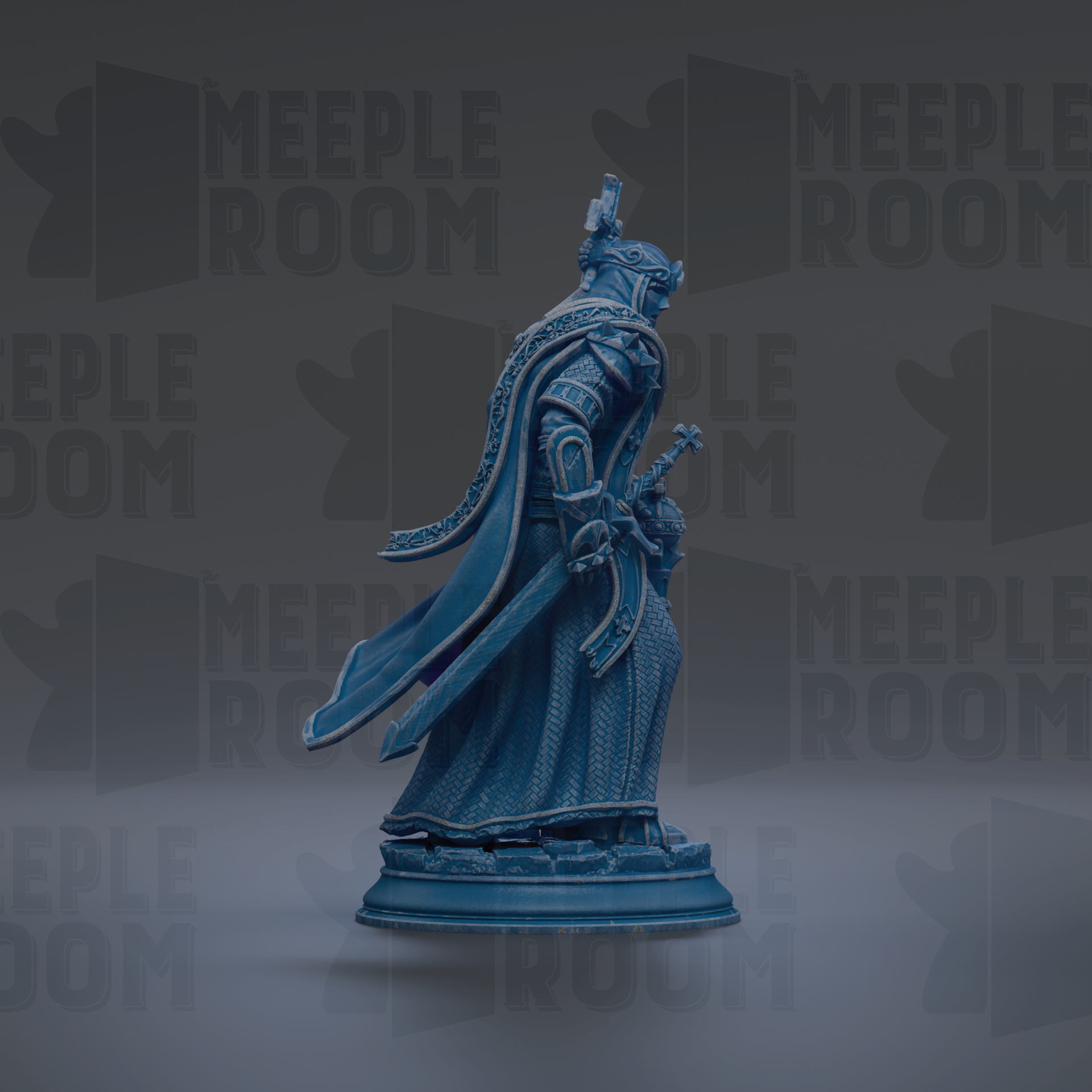 A blue statue of a knight holding a sword and shield stands prominently in the center of the image against a dark background with repeated "MEIPLE ROOM" text.