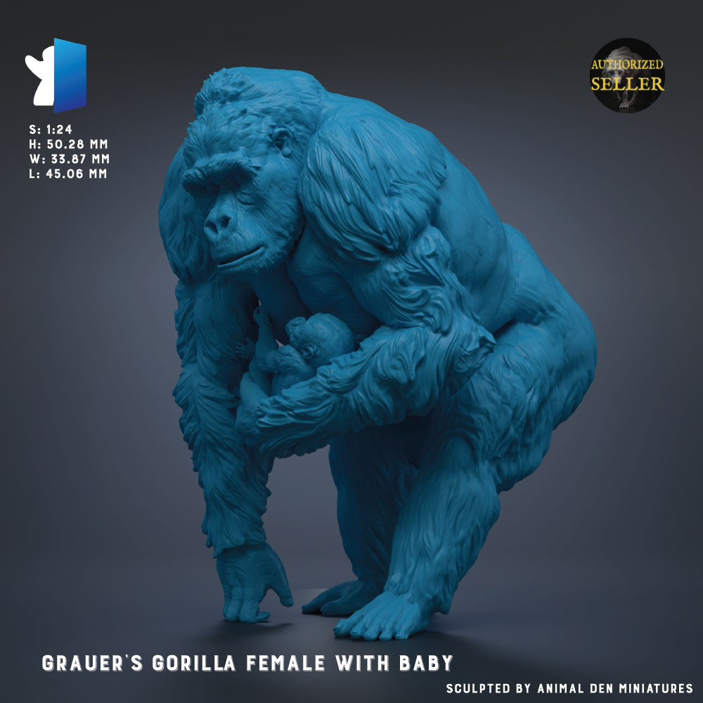 A 3D model of a female gorilla holding a baby, with the gorilla's body and the baby's body prominently displayed.