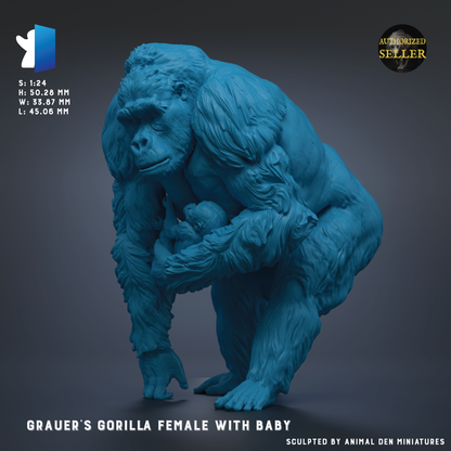 A 3D model of a female gorilla holding a baby, with the gorilla's body and the baby's body prominently displayed.