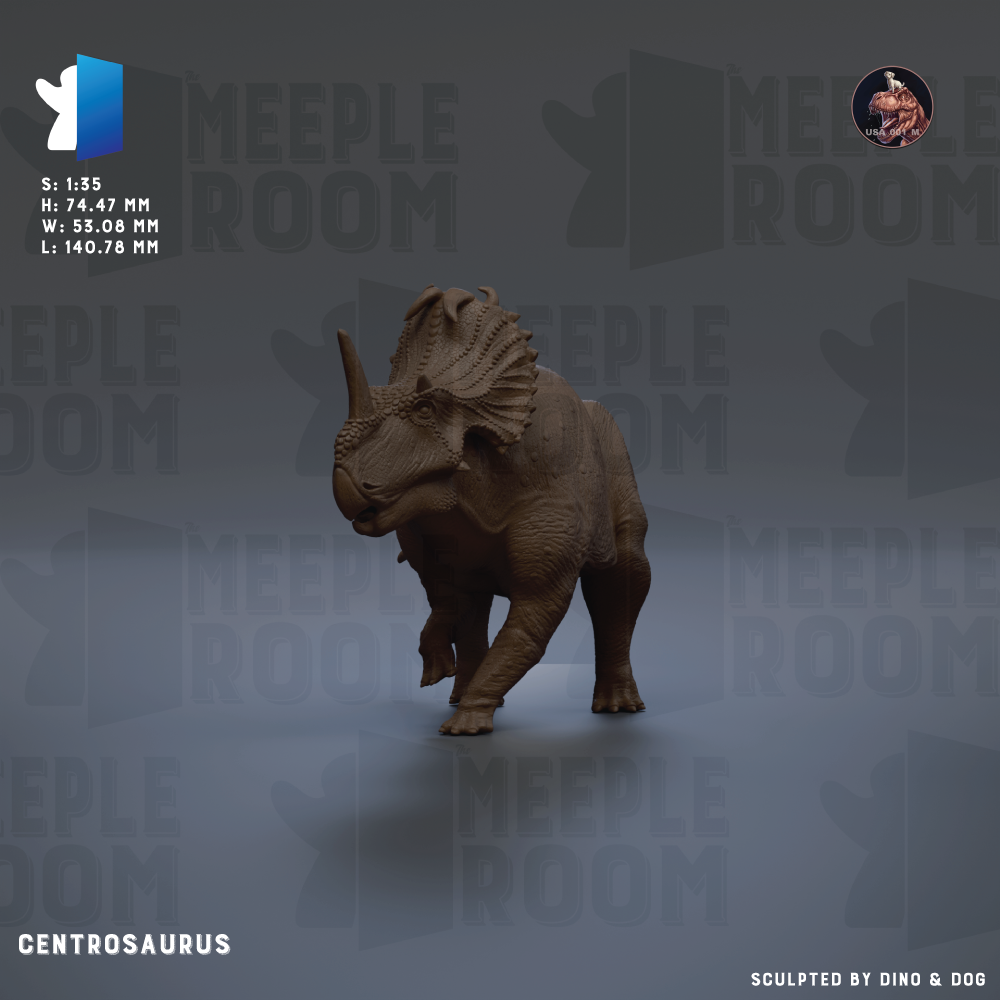 The image is a 3D rendering of a Centrosaurus dinosaur, specifically a Centrosaurus meek, which is a type of dinosaur known for its large head and horns. The dinosaur is standing on a gray background with the text "CENTROSAURUS" visible.