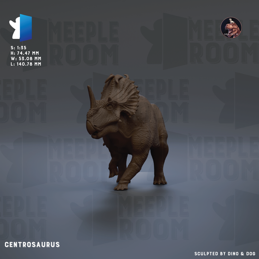 The image is a 3D rendering of a Centrosaurus dinosaur, specifically a Centrosaurus meek, which is a type of dinosaur known for its large head and horns. The dinosaur is standing on a gray background with the text "CENTROSAURUS" visible.