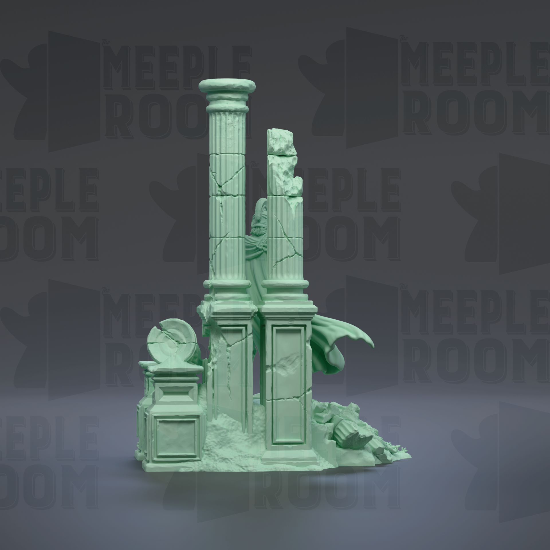 a green-colored statue of a broken column and a statue of a lion, set against a dark background with repeated text.