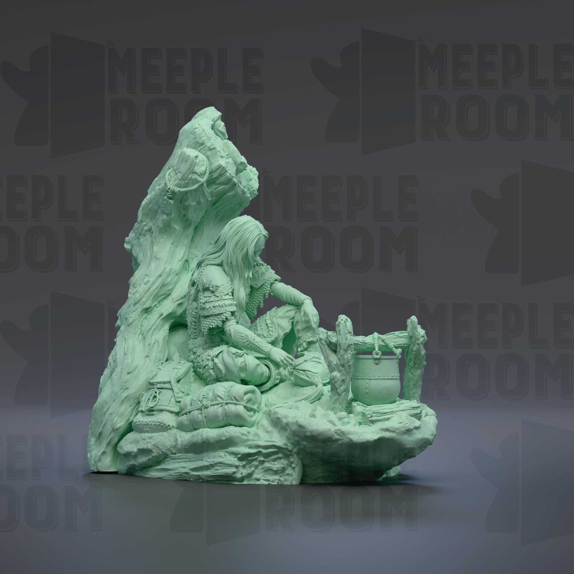 A green, sculpted figure of a person sitting on a rock, with a large pot or container nearby.