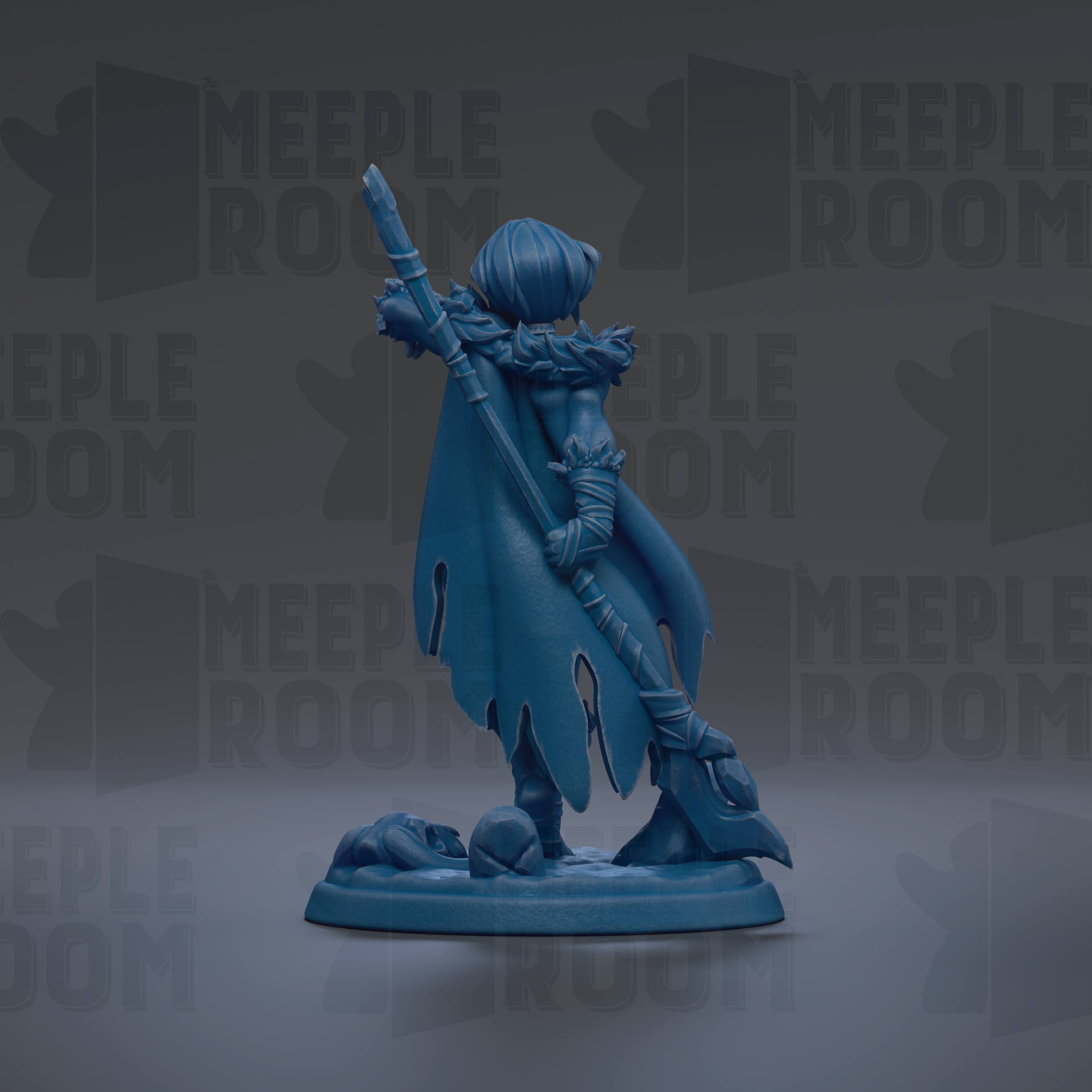A blue figurine of a person holding a staff and a shield, standing against a dark background with repeated text.