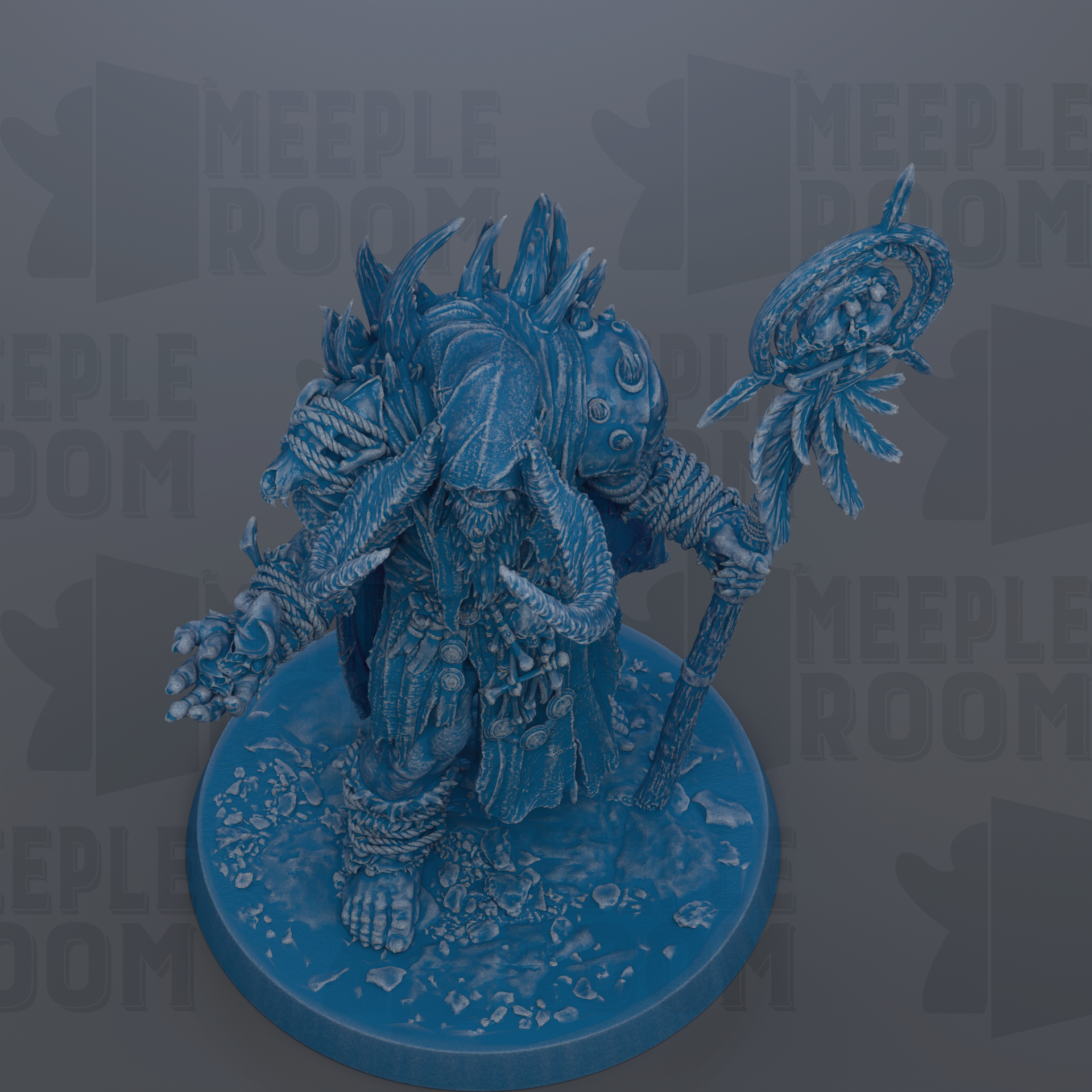A detailed 3D rendering of a fantastical creature with intricate, textured features, including horns, claws, and a flowing robe, standing on a blue base.