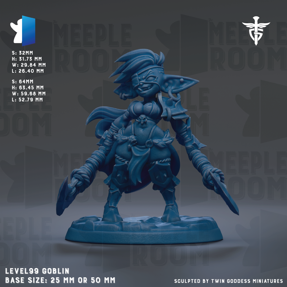 The image is a detailed 3D model of a blue-colored female character, likely a female warrior or warrior girl, with a sword in her hand. The character appears to be a base size of 25mm or 50mm, depending on the perspective. The image is a sculpture of the character, and it is displayed against a dark background with the text "MEIPLE ROOM" repeated multiple times.