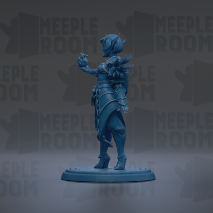 A blue figurine of a female character with a sword and shield stands on a platform against a dark background with repeated text.