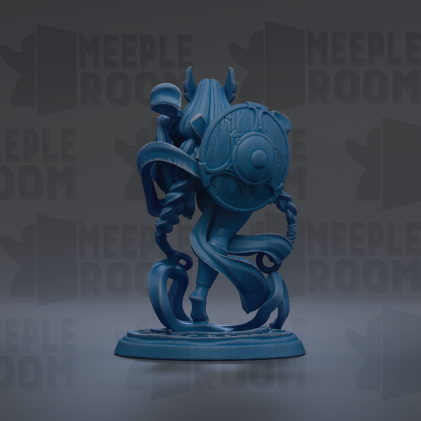 A blue figurine of a woman with a shield, standing on a base, against a dark background with repeated text.