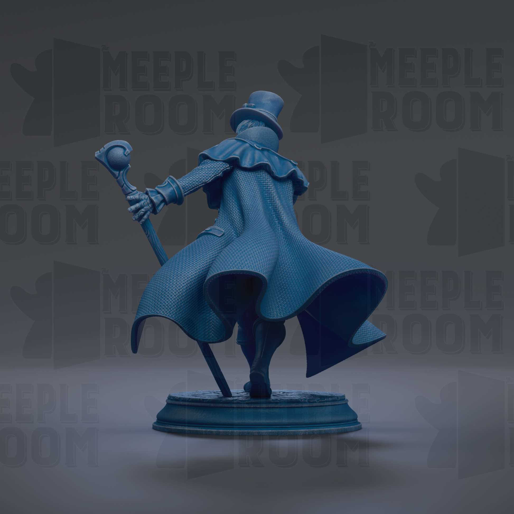 A blue statue of a person wearing a top hat and holding a cane, standing on a pedestal against a dark background with repeated text.