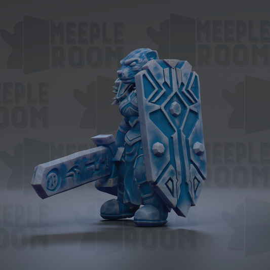 A 3D rendering of a blue armored figure holding a shield with geometric patterns, standing against a dark background with repeated text.