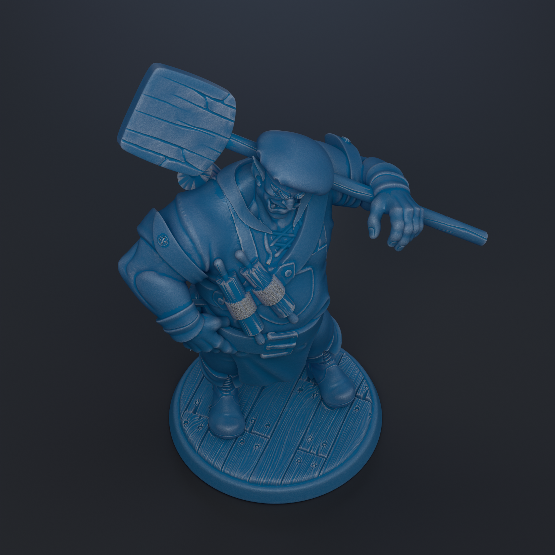 A blue figurine of a person holding a large wooden paddle, standing on a wooden base.