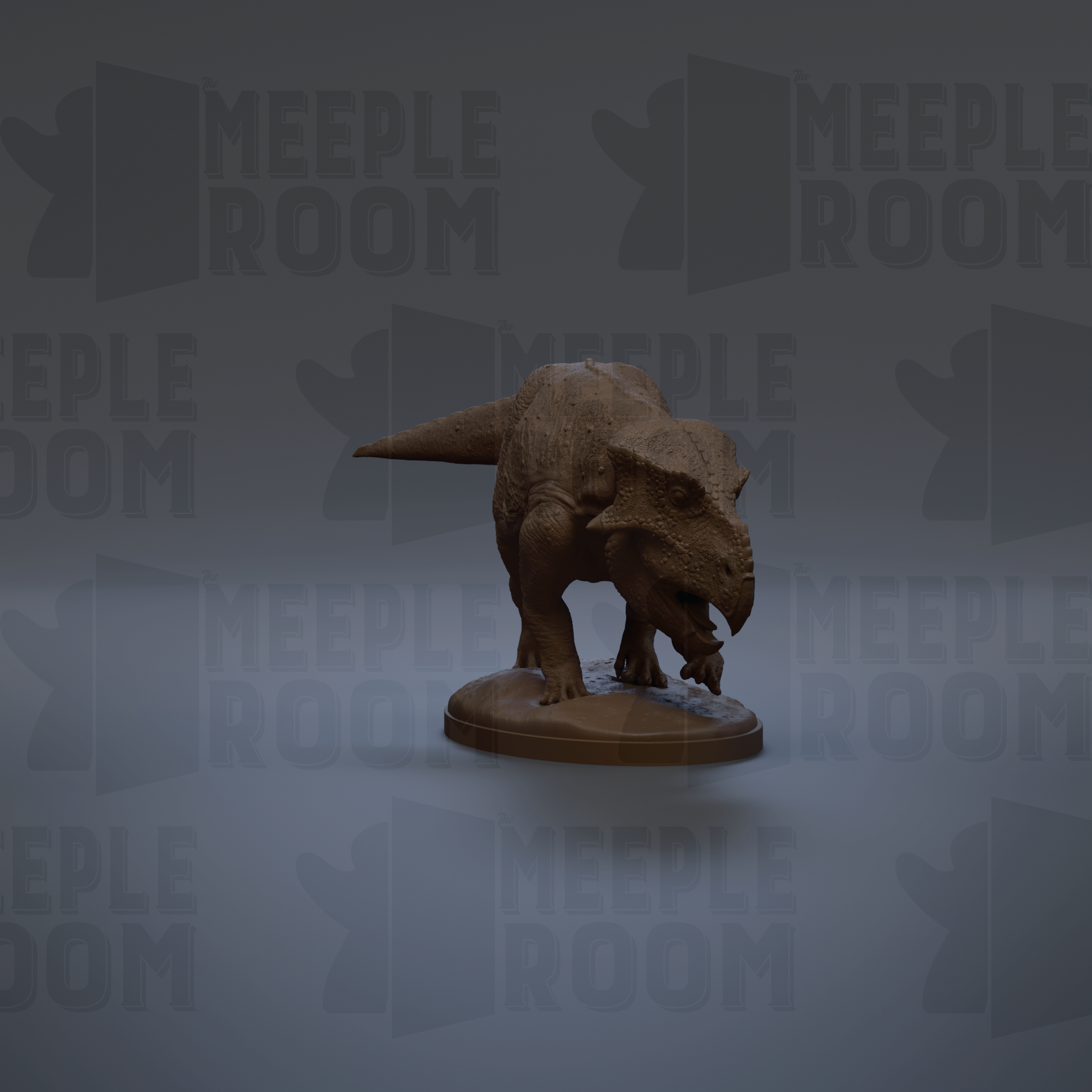 A 3D rendering of a dinosaur figurine, likely a T-Rex, standing on a platform against a dark background with repeated text.