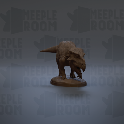 A 3D rendering of a dinosaur figurine, likely a T-Rex, standing on a platform against a dark background with repeated text.