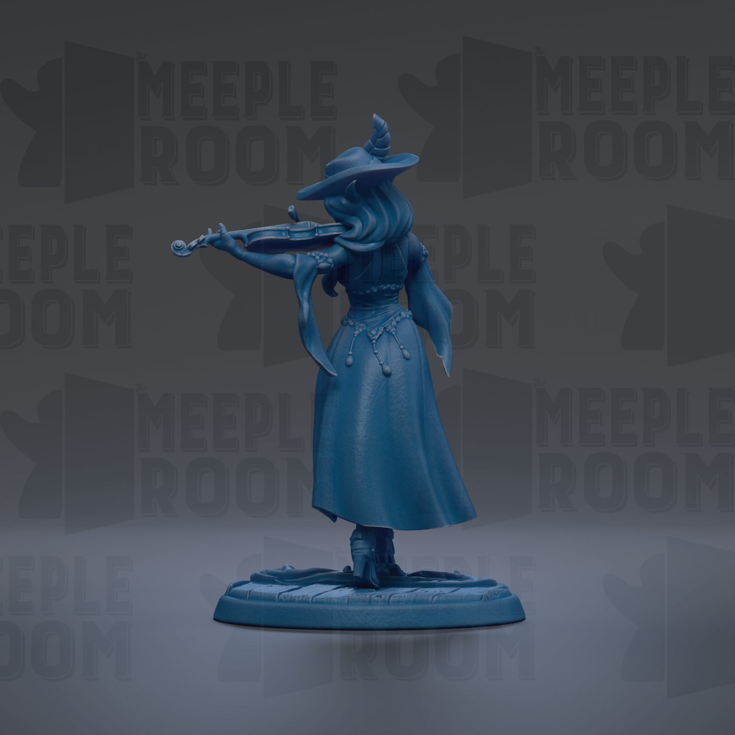 A blue figurine of a woman playing a musical instrument, such as a violin or flute, is shown against a dark background with repeated text.