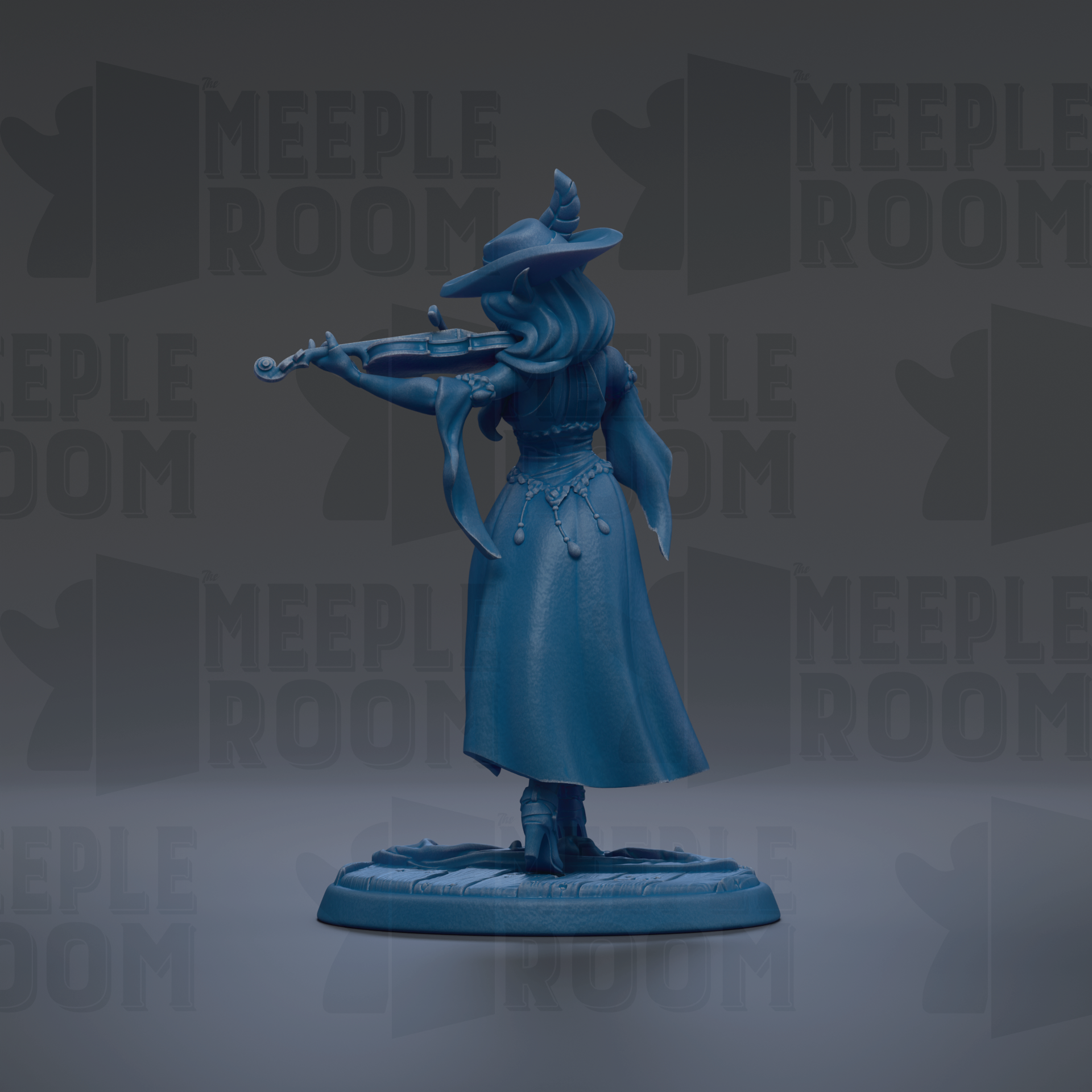 A blue figurine of a woman playing a musical instrument, such as a violin or flute, is shown against a dark background with repeated text.