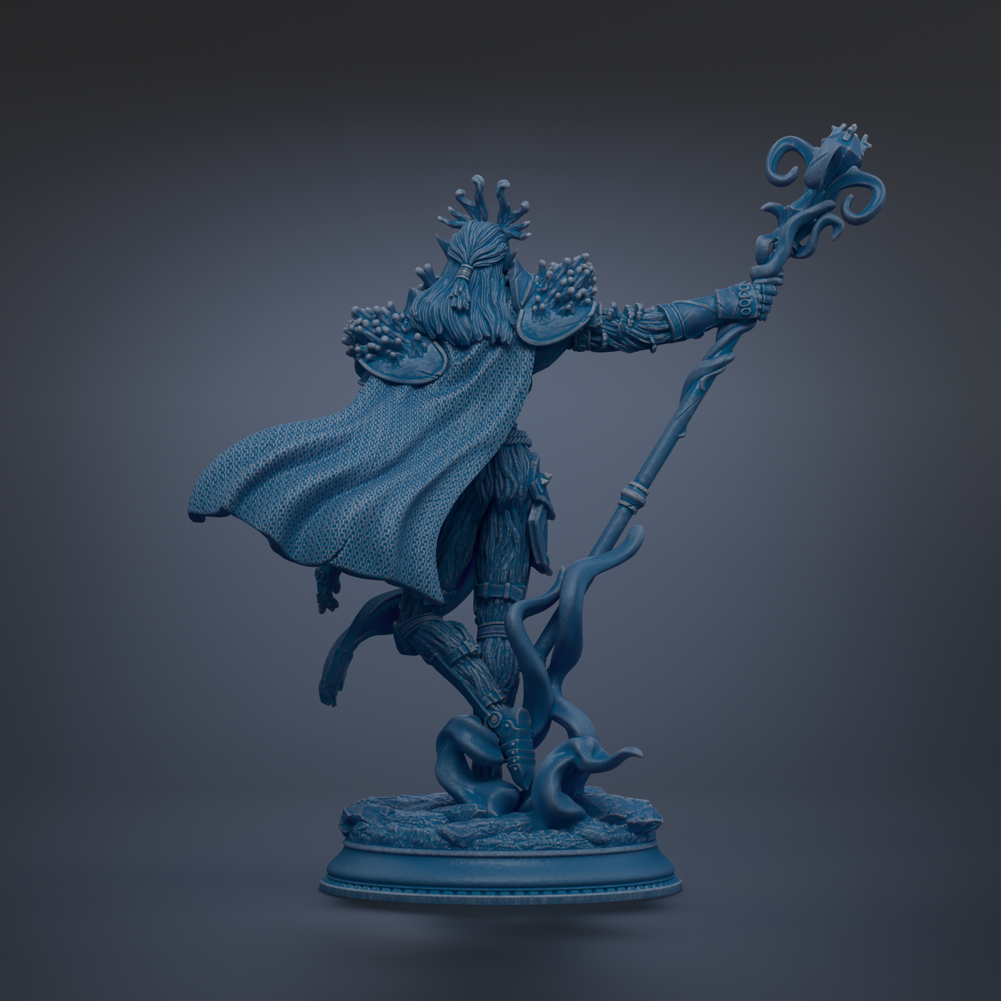 A detailed 3D model of a fantasy character, possibly a deity or magical being, standing on a pedestal and holding a staff or staff-like object.