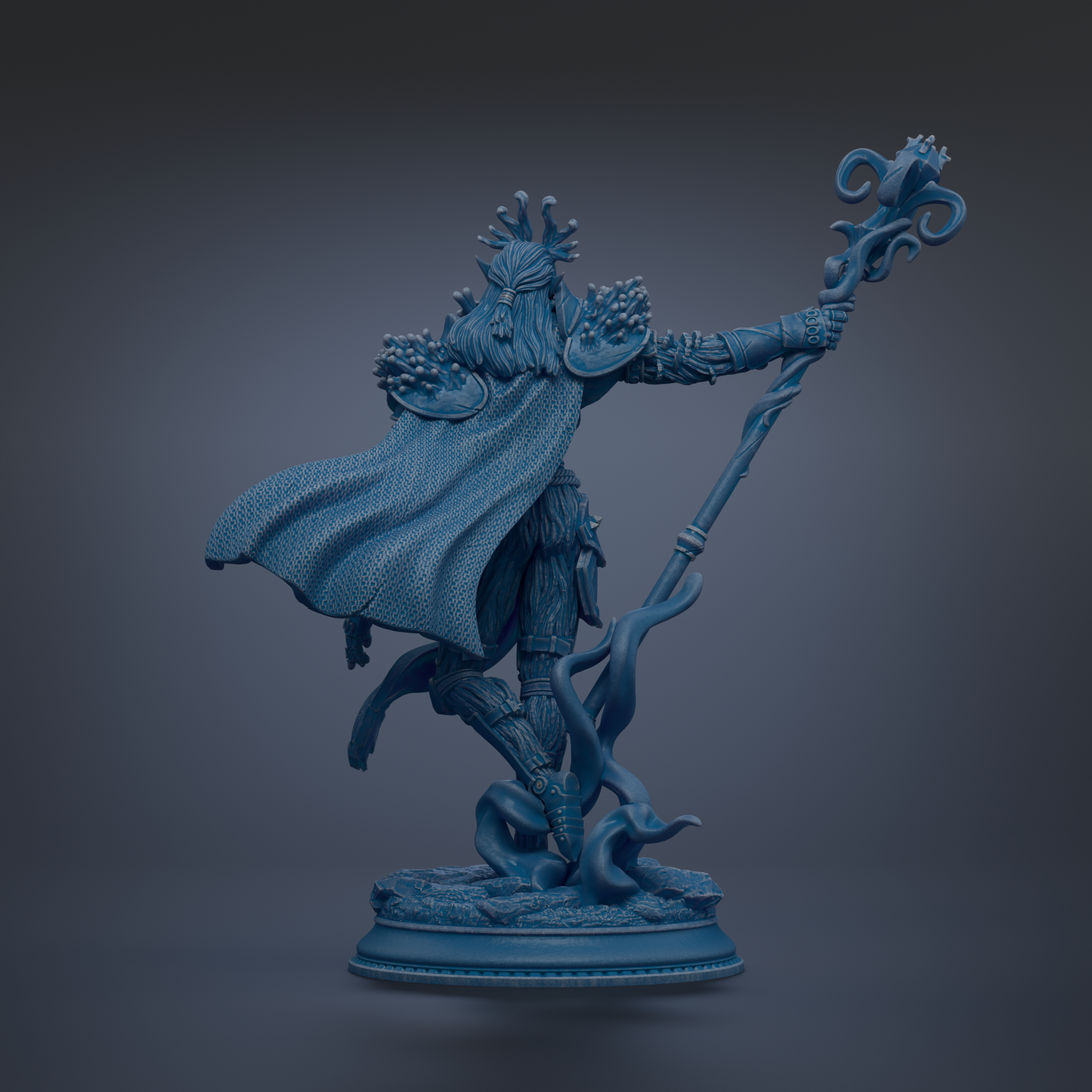 A detailed 3D model of a fantasy character, possibly a deity or magical being, standing on a pedestal and holding a staff or staff-like object.