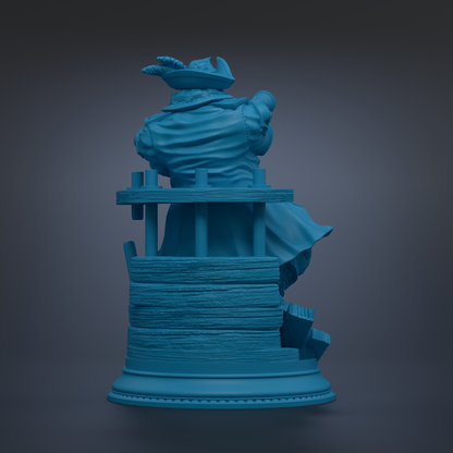 A blue statue of a person sitting on a wooden structure, with a dark background.