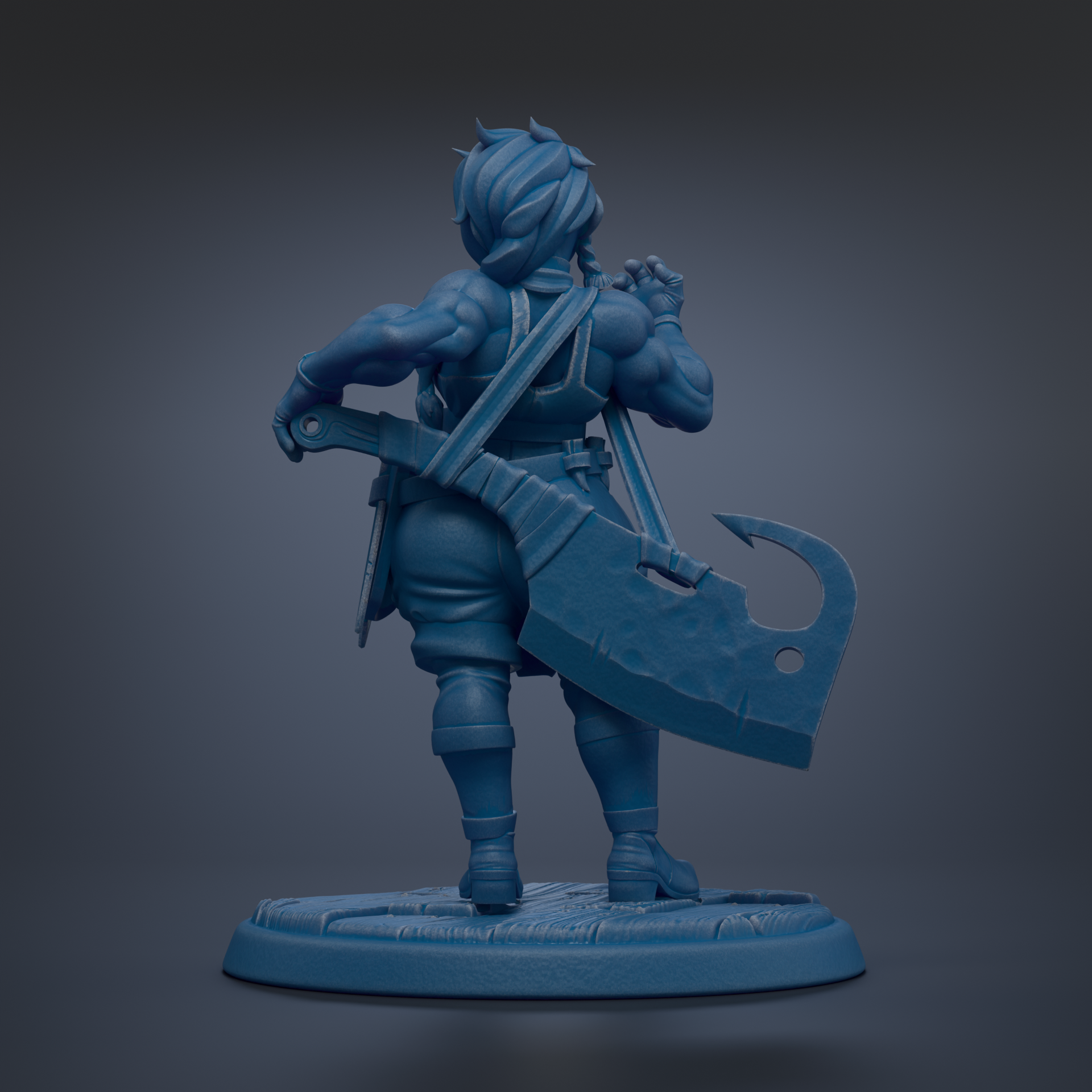 A blue 3D model of a muscular, armored figure holding a large sword and shield, standing on a platform.