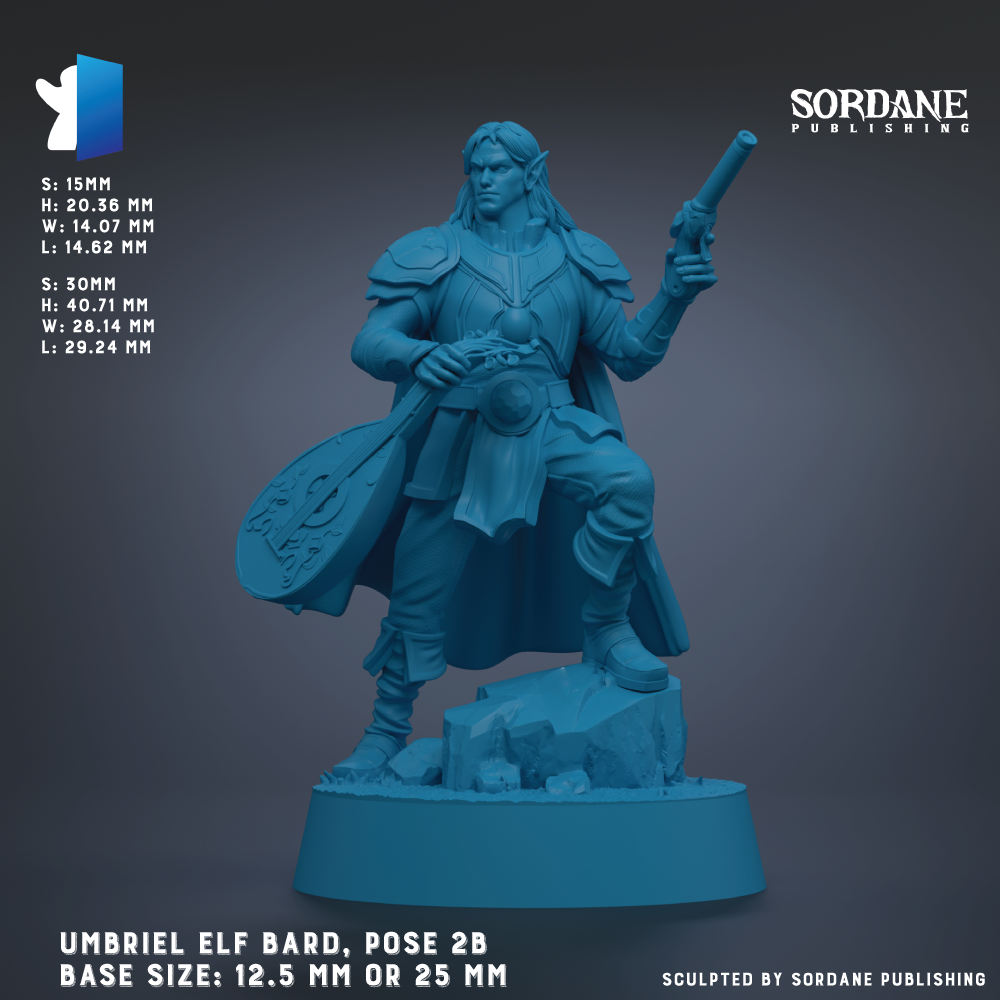 The image is a 3D rendering of a figurine of an elf-like character, specifically the Umbriel Elf from the video game series The Elder Scrolls. The figurine is posed in a standing position, holding a shield and a sword. The base size of the figurine is either 12.5 mm or 25 mm, depending on the perspective. The image is published by Sordane Publishing.