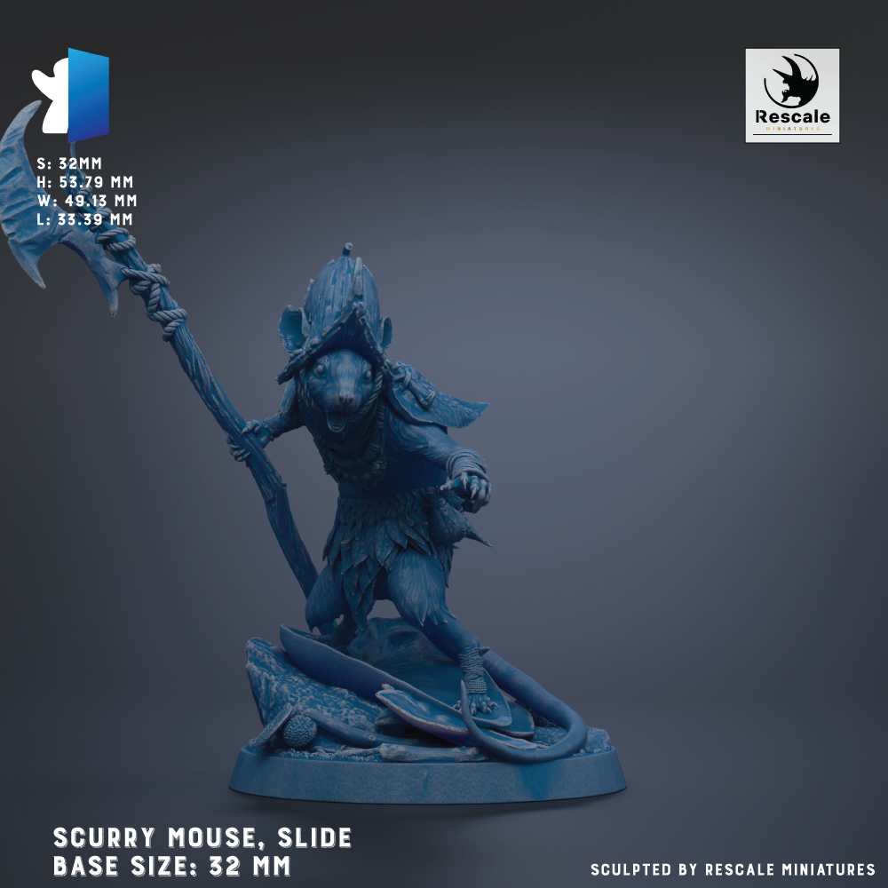 A blue figurine of a scurry mouse, depicted in a dynamic pose, is shown against a dark background.