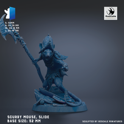 A blue figurine of a scurry mouse, depicted in a dynamic pose, is shown against a dark background.