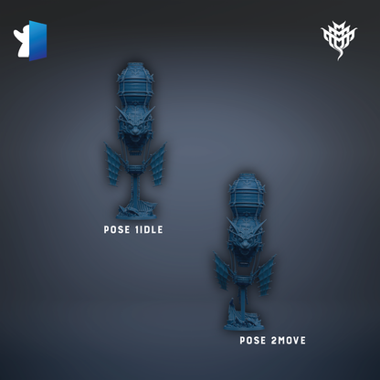 two blue, skull-like sculptures with wings, labeled "POSE 1IDLE" and "POSE 2MOVE", respectively.