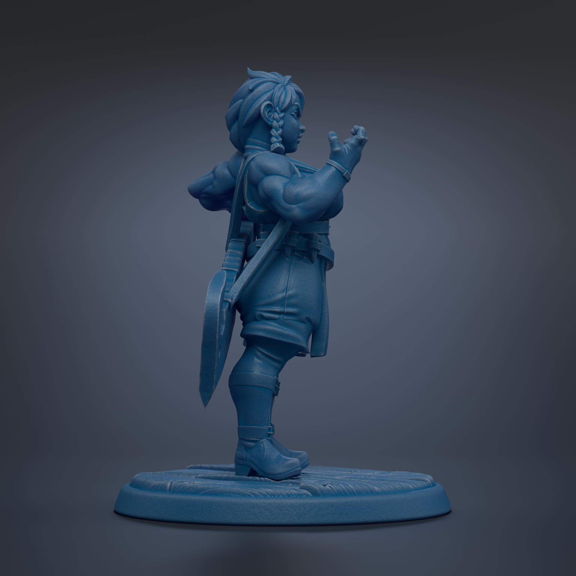 A blue figurine of a person standing on a blue base, holding a weapon in their right hand and appearing to be in a fighting stance.