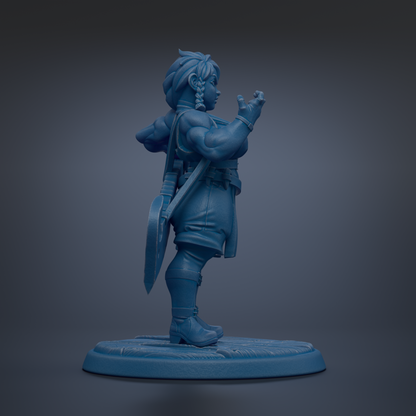A blue figurine of a person standing on a blue base, holding a weapon in their right hand and appearing to be in a fighting stance.
