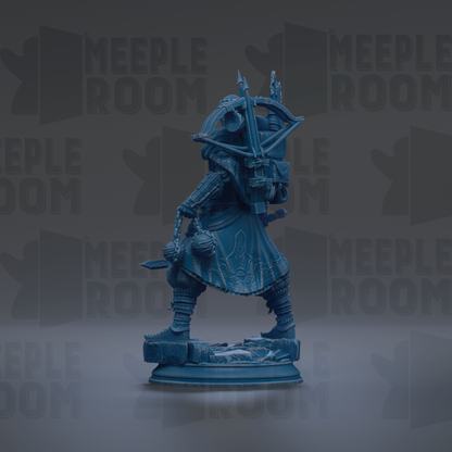 A blue figurine of a knight-like character with a sword and shield stands on a pedestal against a dark background with repeated text.