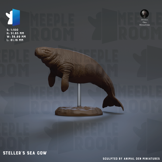 The image is a 3D rendering of a sea cow sculpture, specifically aSteller's Sea Cow, displayed on a stand.