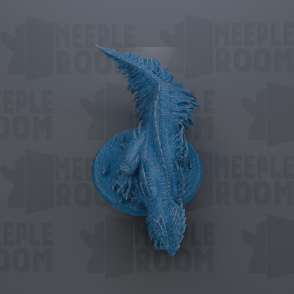 A blue, detailed dragon figurine is displayed against a dark background with repeated text.