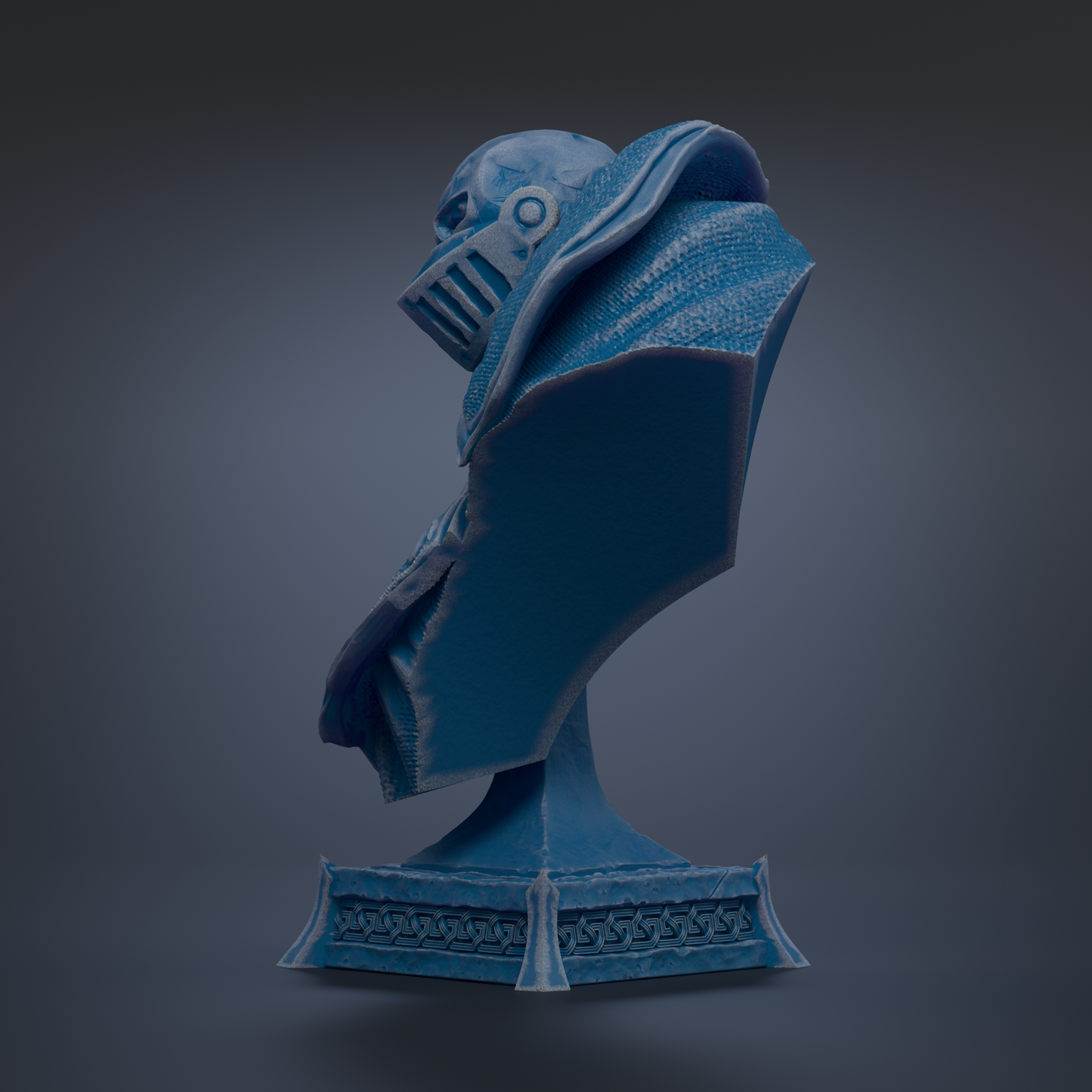 A blue bust sculpture with a detailed design and a helmet-like headpiece.