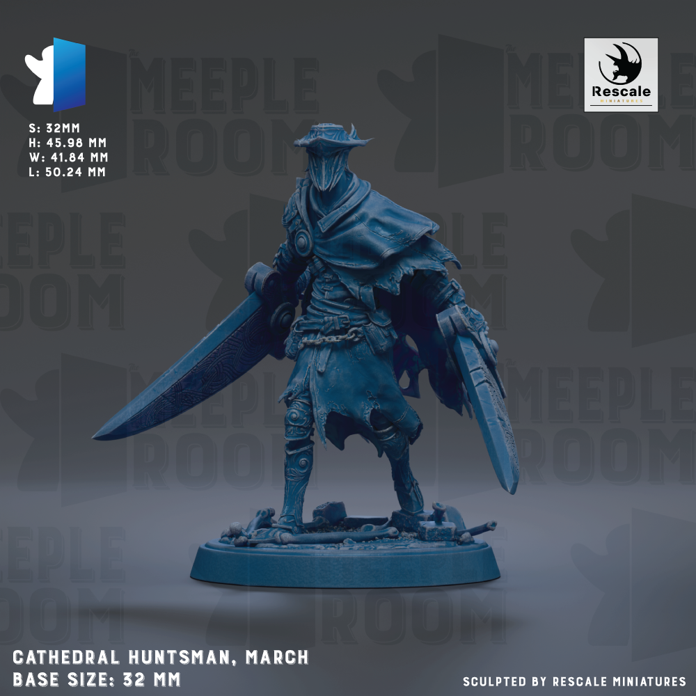 A figurine of a warrior figure, likely a cathedral hunter, standing in a defensive stance with a shield and sword. The figurine is described as a base size of 32mm and is made by Rescale Miniatures.