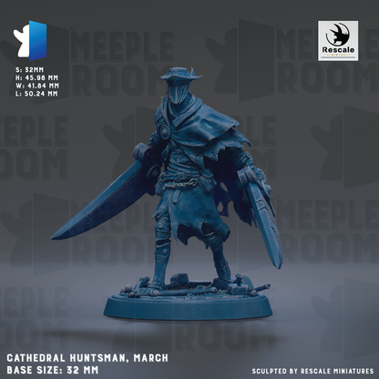A figurine of a warrior figure, likely a cathedral hunter, standing in a defensive stance with a shield and sword. The figurine is described as a base size of 32mm and is made by Rescale Miniatures.