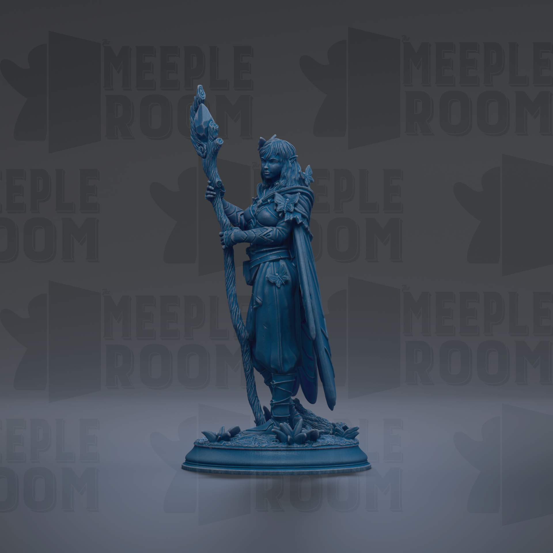 A blue figurine of a woman holding a staff and standing on a pedestal against a dark background with repeated text.