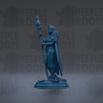 A blue figurine of a woman holding a staff and standing on a pedestal against a dark background with repeated text.