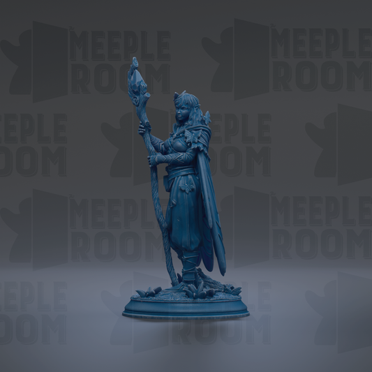 A blue figurine of a woman holding a staff and standing on a pedestal against a dark background with repeated text.