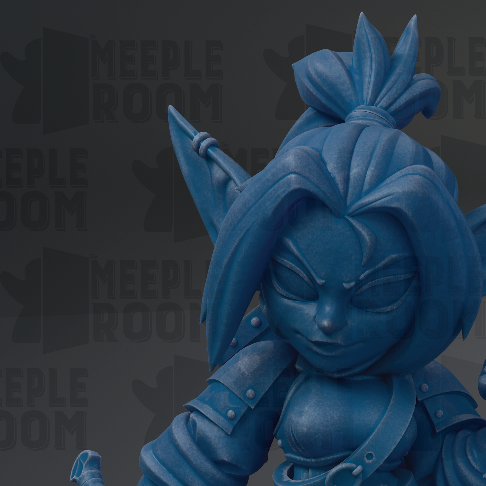 A close-up of a blue, cartoonish character with a serious expression, wearing a helmet and armor, against a dark background with repeated text.