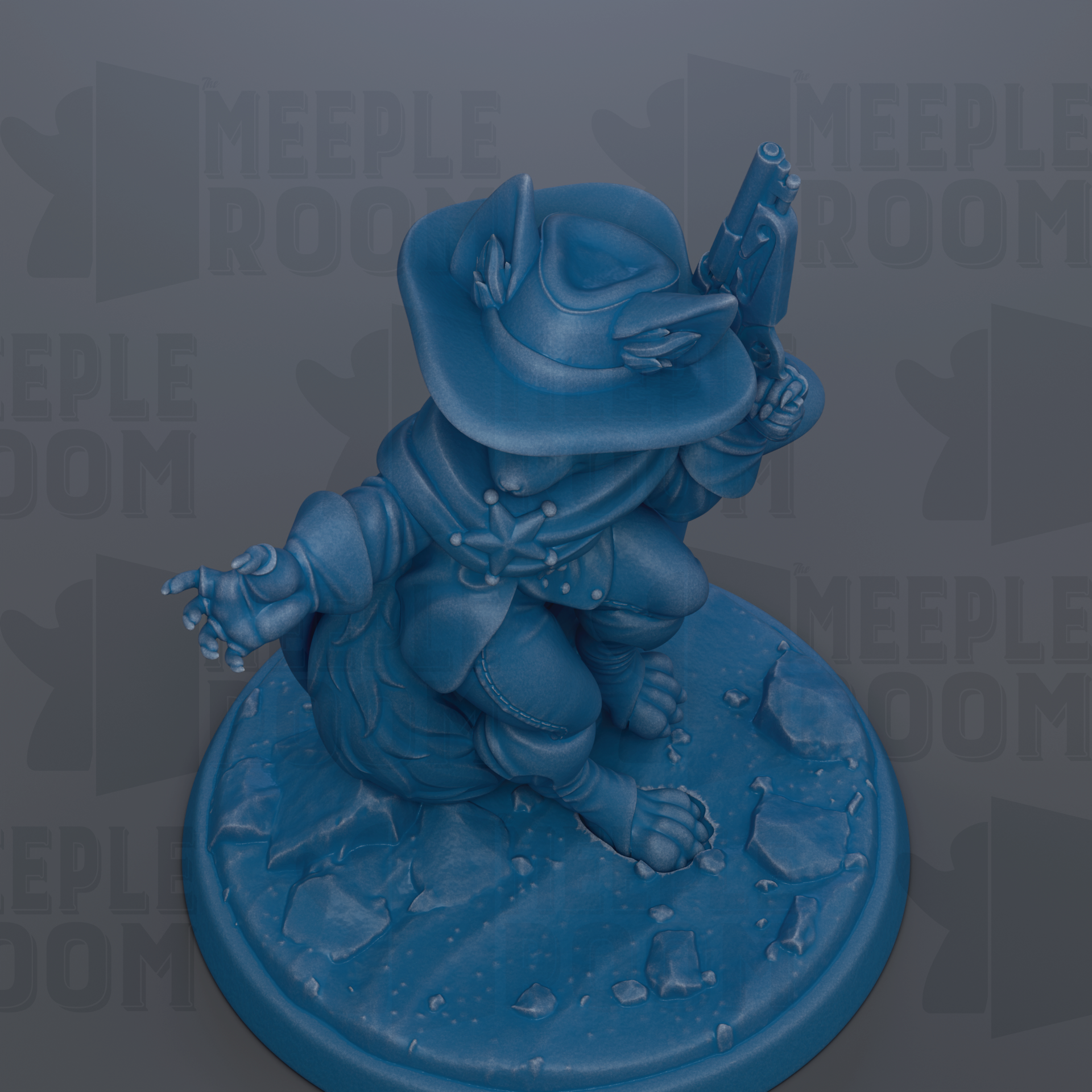 A blue figurine of a character with a cowboy hat and gun, sitting on a rocky surface.