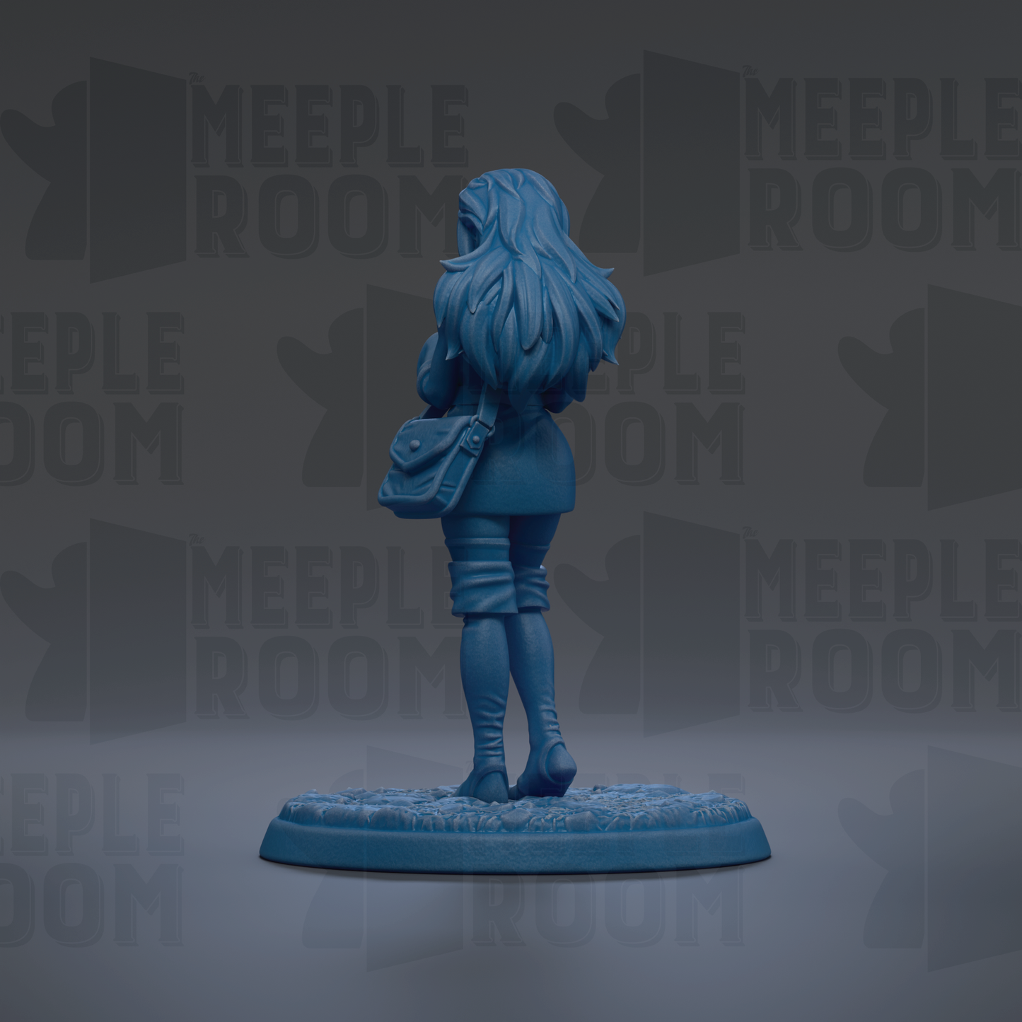 A blue figurine of a woman with long hair and a purse stands on a base against a dark background with repeated text.