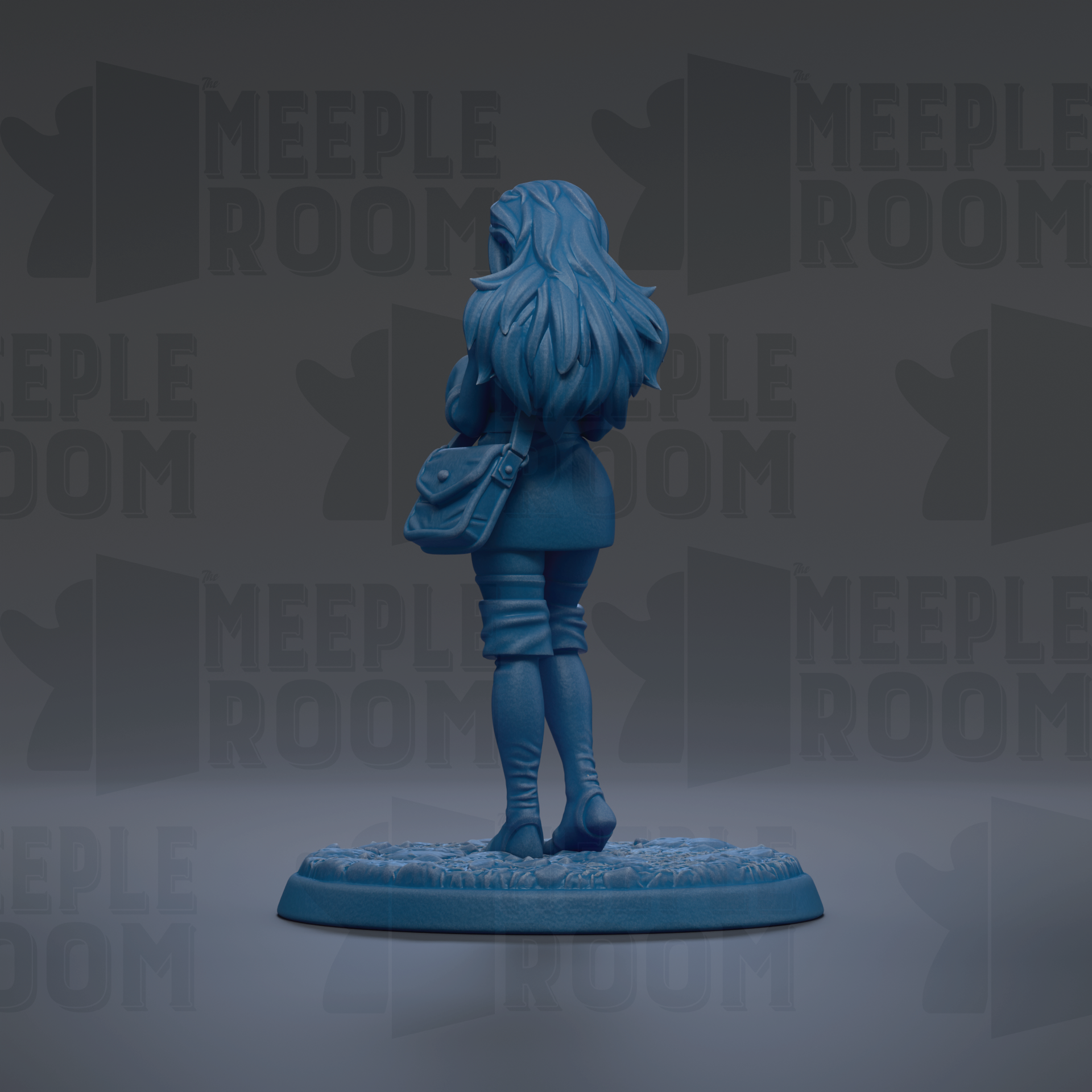 A blue figurine of a woman with long hair and a purse stands on a base against a dark background with repeated text.