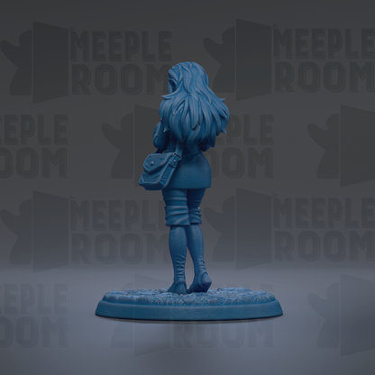 A blue figurine of a woman with long hair and a purse stands on a base against a dark background with repeated text.