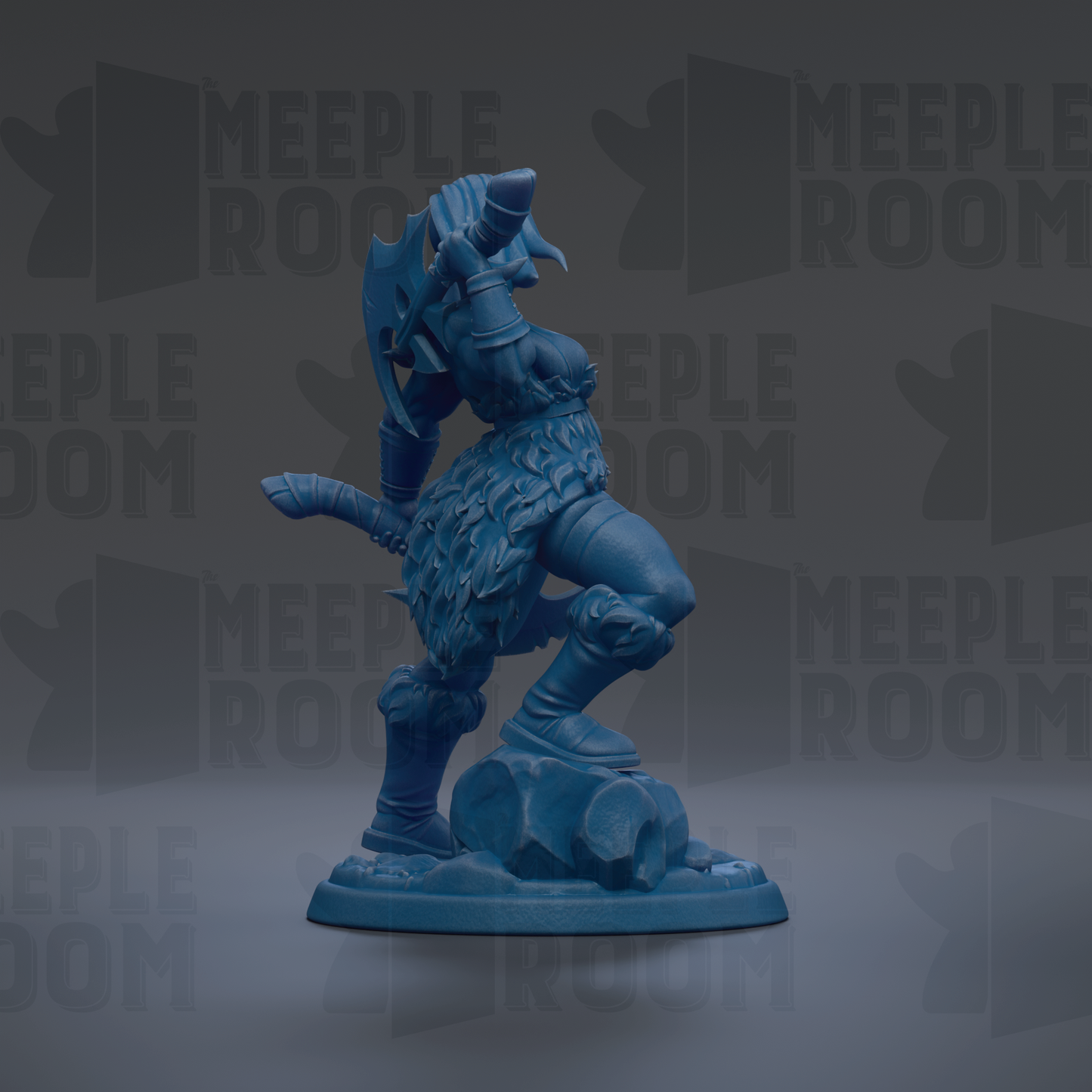 A blue figurine of a warrior-like character with a sword and shield stands on a rock against a dark background with repeated text.