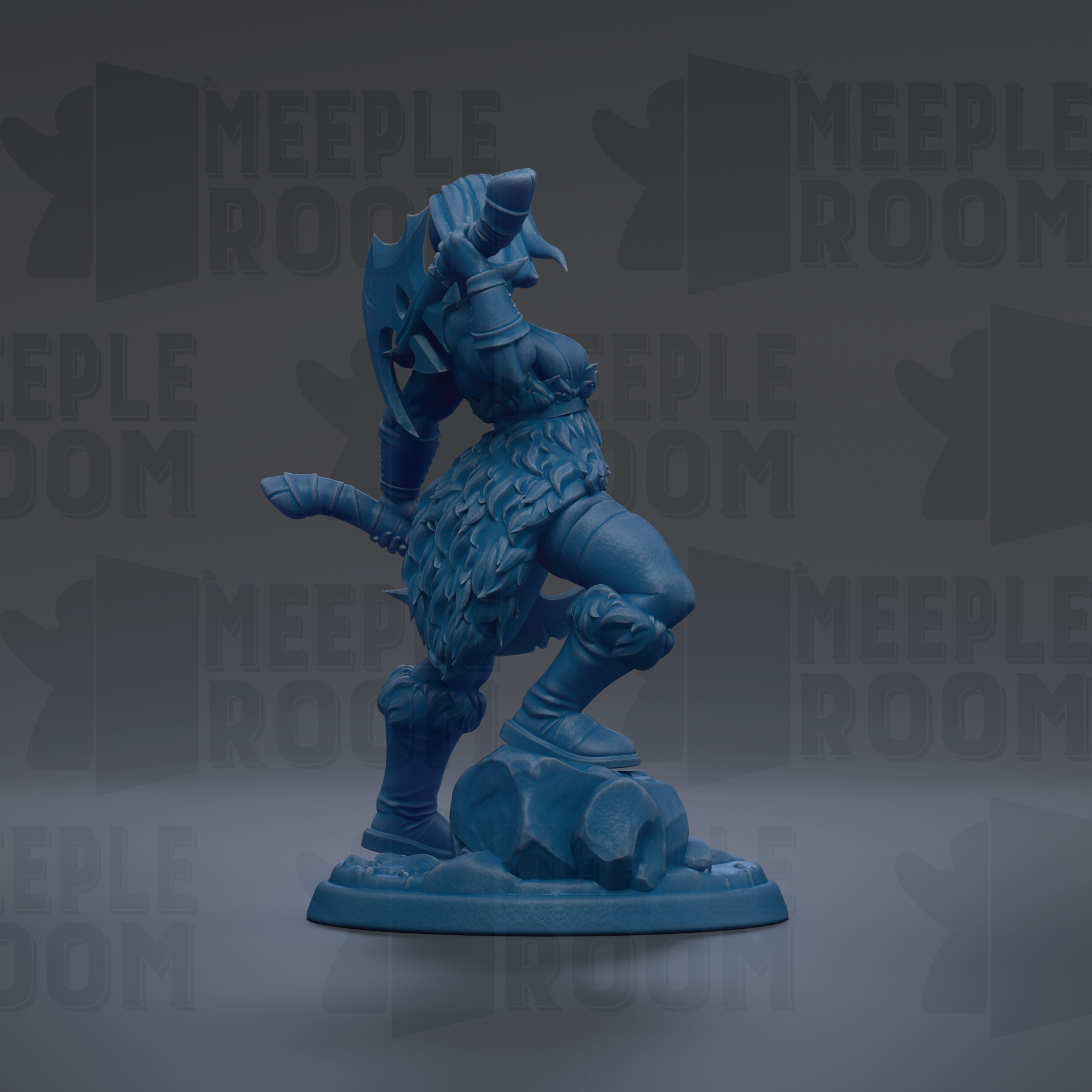 A blue figurine of a warrior-like character with a sword and shield stands on a rock against a dark background with repeated text.