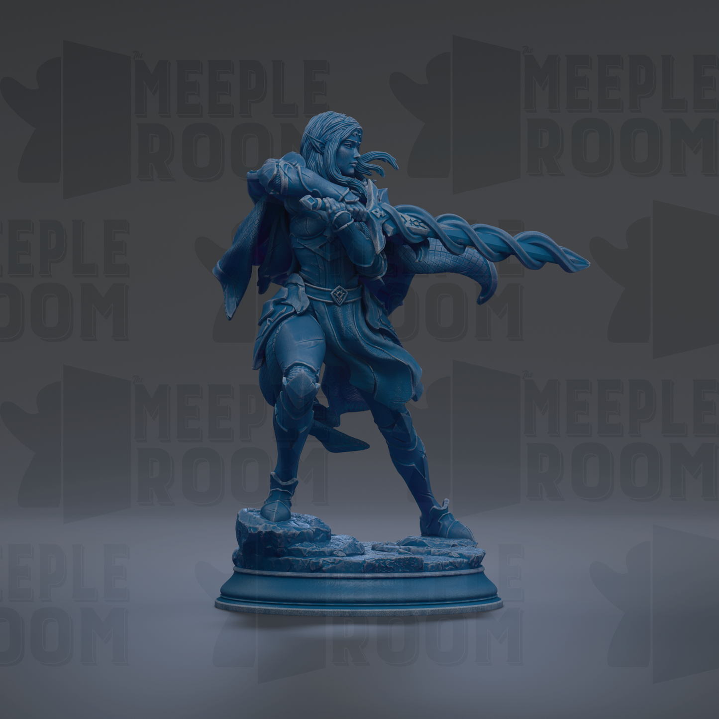 A blue statue of a person holding a sword and shield, standing on a pedestal.