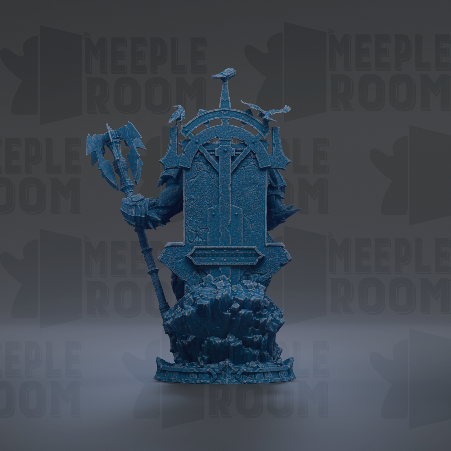 A blue, 3D-rendered statue of a figure holding a weapon and standing on a pedestal.