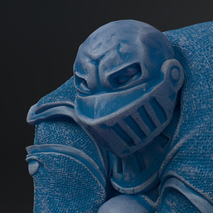A close-up view of a blue, sculpted figure with a helmet and armor-like features, set against a dark background.